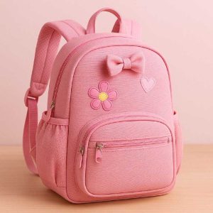 a pink backpack with a bow